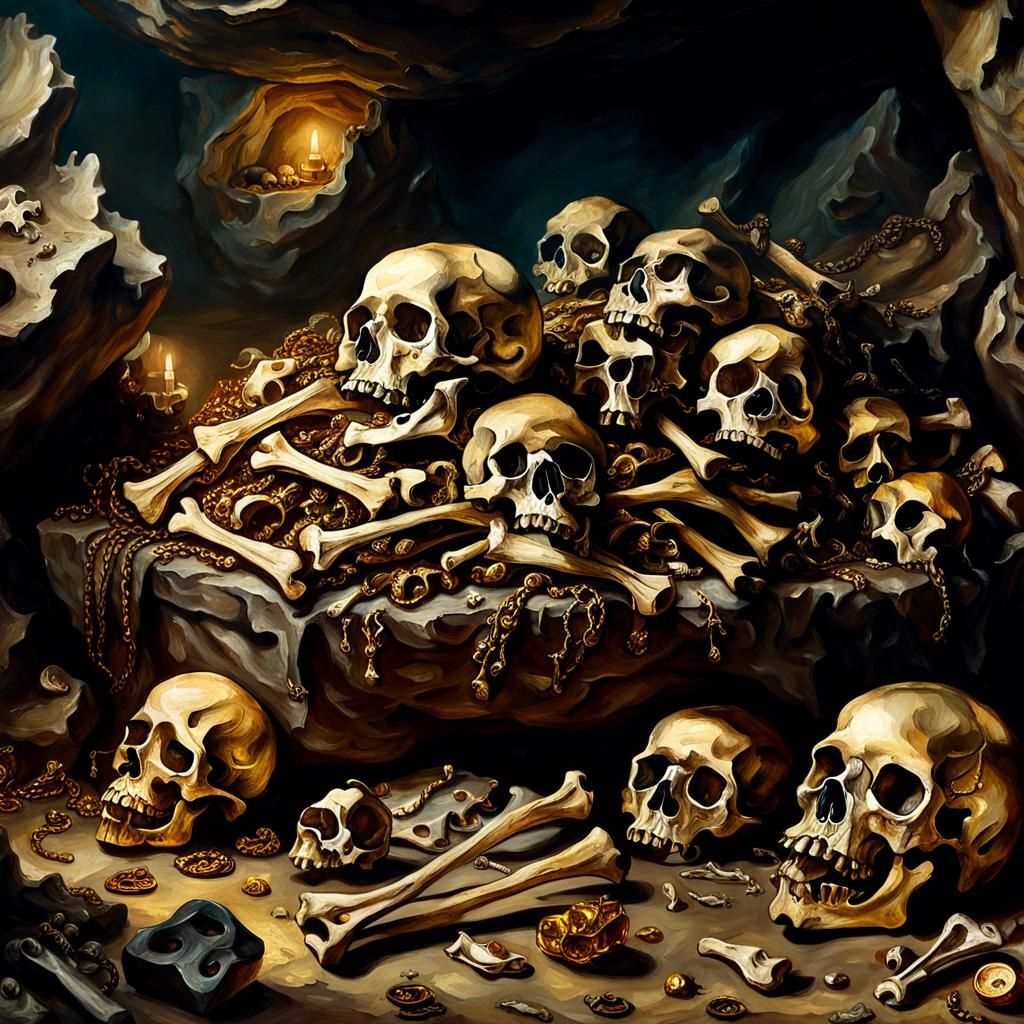 Pirate Treasure and Bones: Baroque Oil Painting