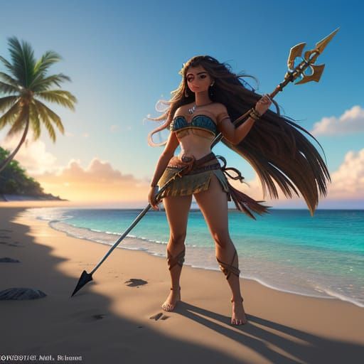 Moana with Spear in Anime Style 3D Art