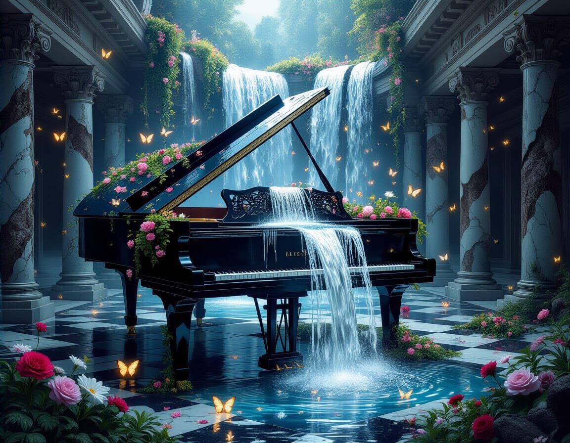 Waterfall Piano in Crumbling Ballroom: Fantasy Realism