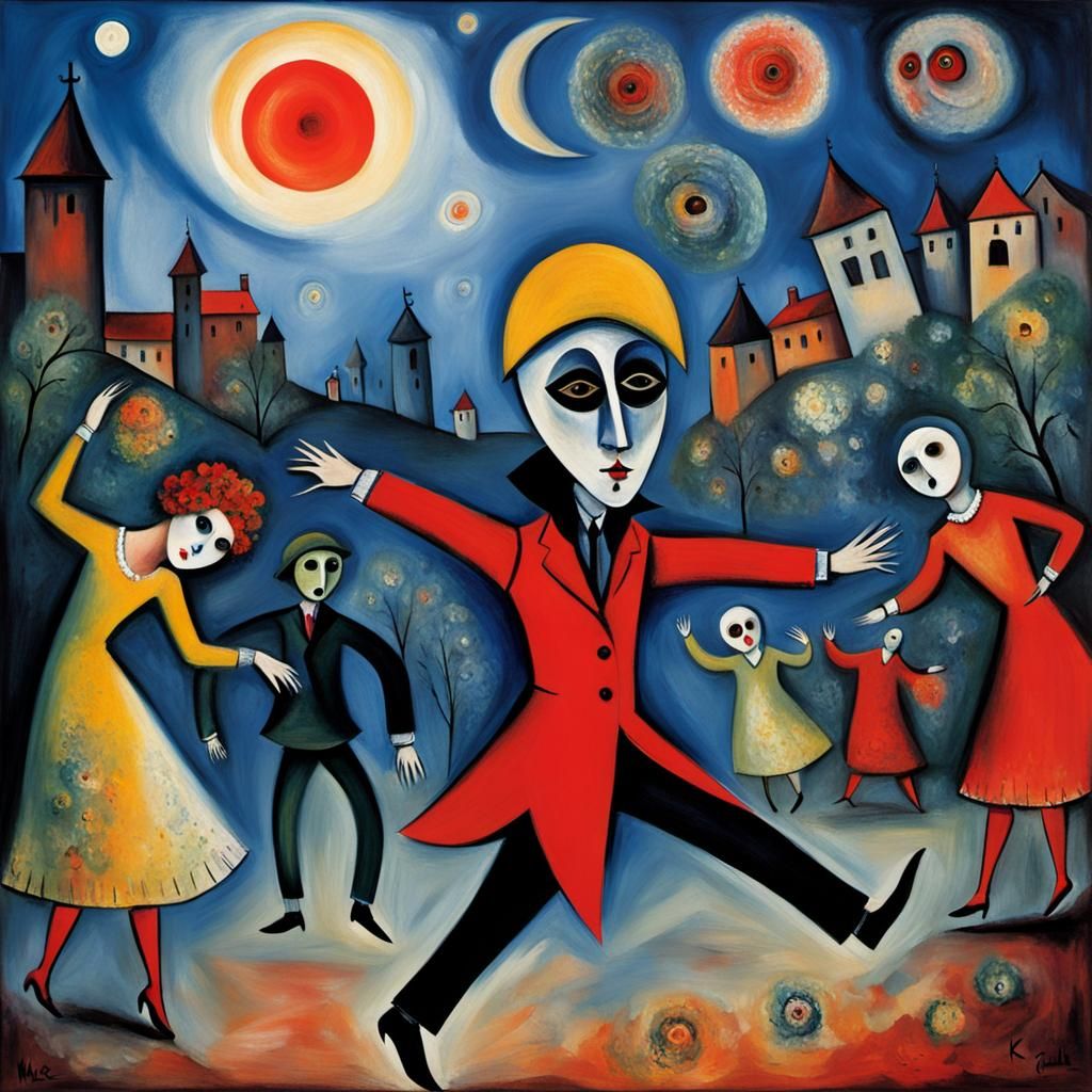 Sinister Masked Figure Dancing: Surreal Oil Painting