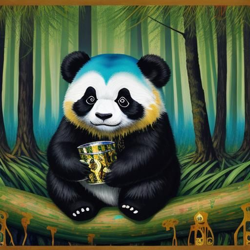 Panda in Forest: Gustav Klimt-Inspired Matte Painting
