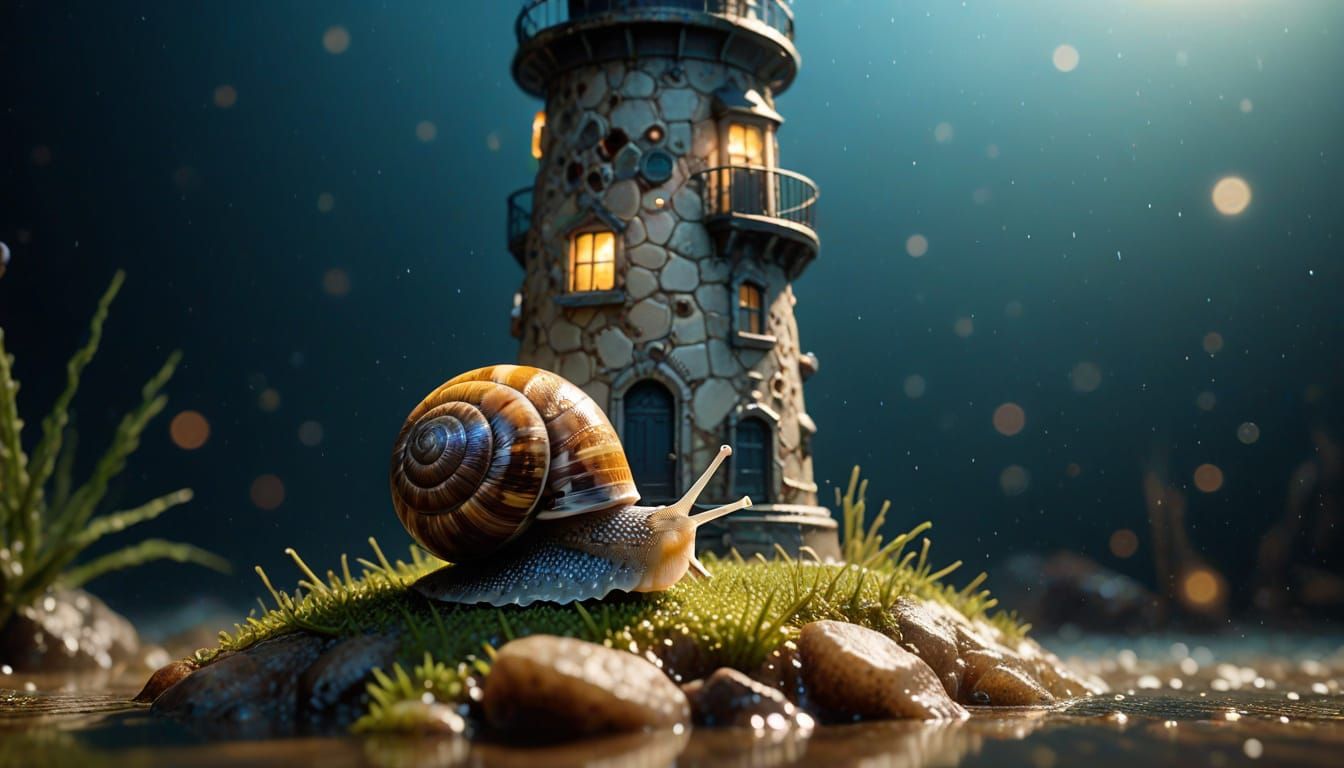 Macro Snail Climbing Lighthouse in Aquarium