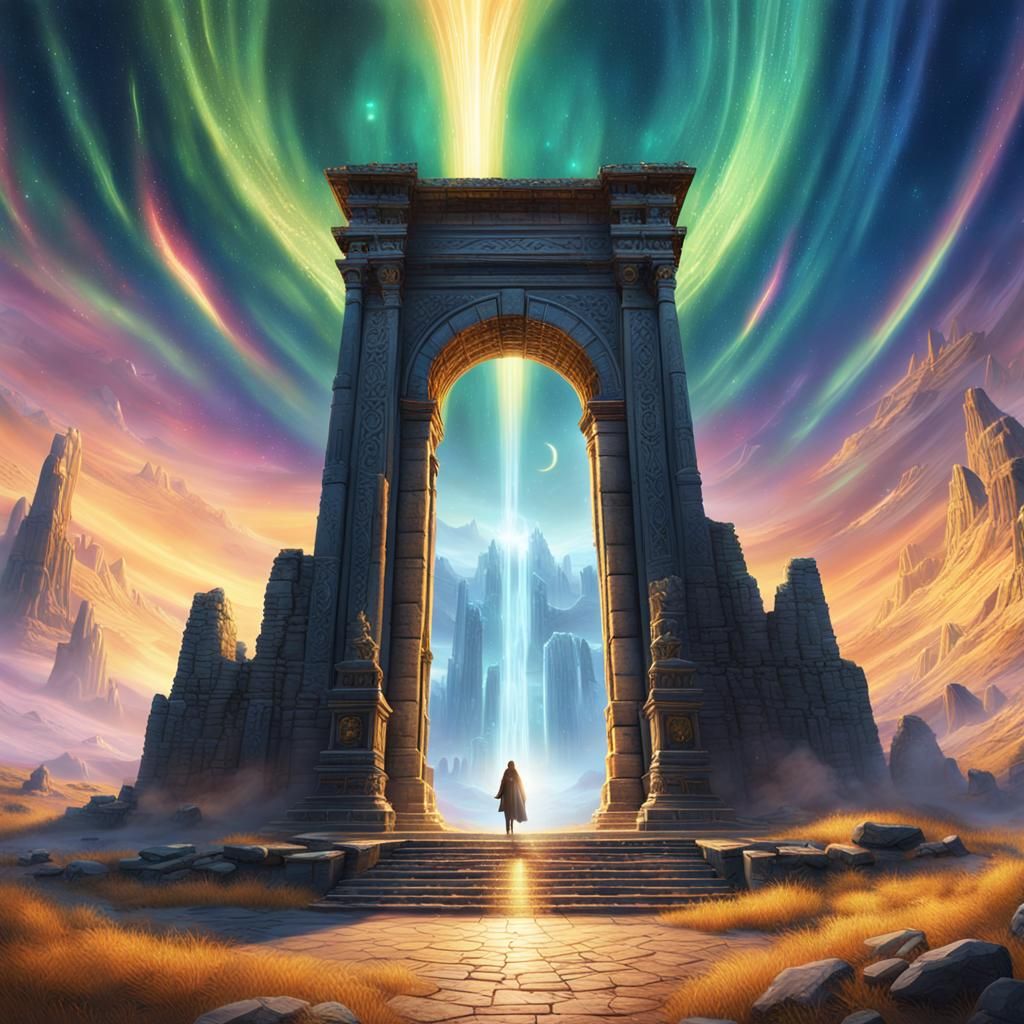 Mystical Being Enters Celestial Portal in Fantasy Art