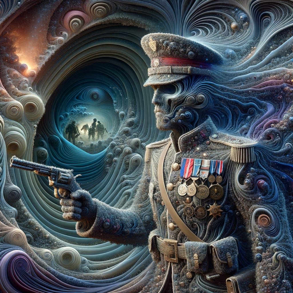 Surreal Military Icon Transcends Realities in Abstract Waves