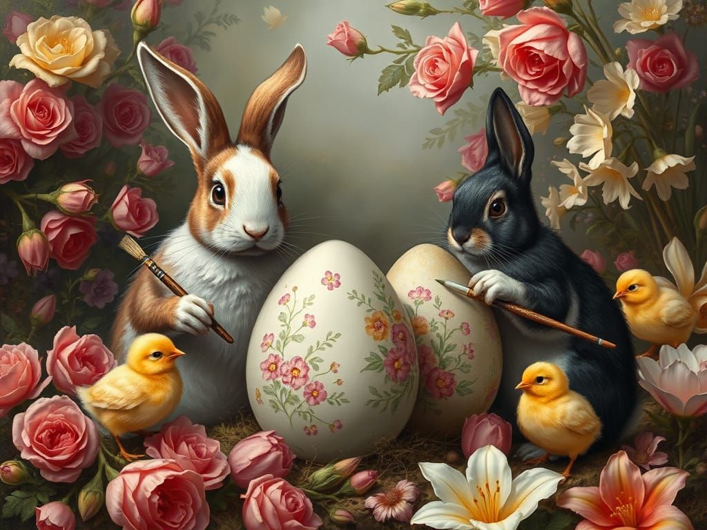 Rabbits and Chicks Painting Easter Eggs