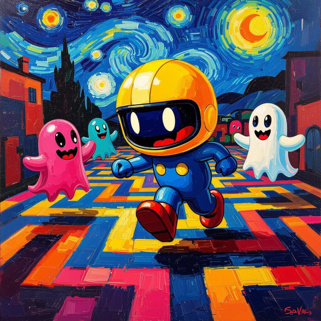 Pac-Man and Ghosts in Van Gogh Oil Painting