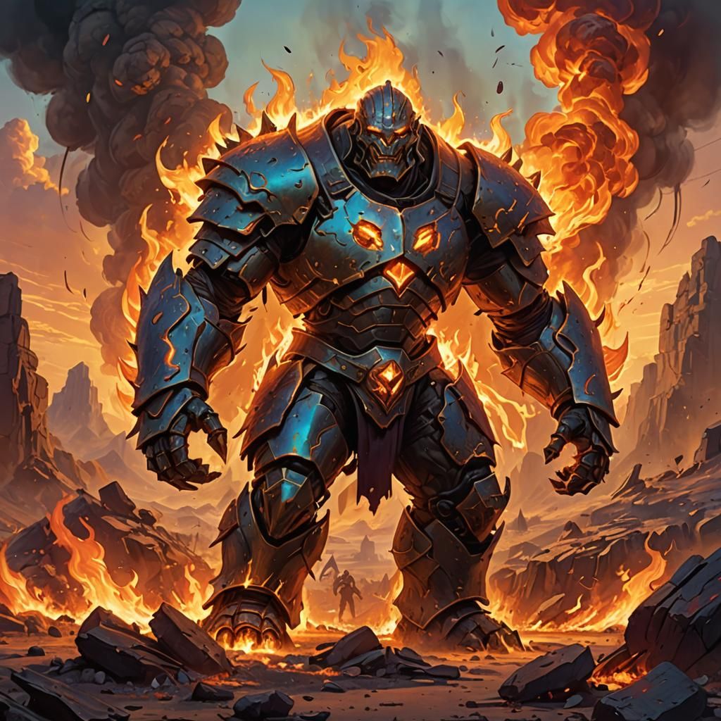 Warrior Golem vs Fire Elemental in Neon Landscape