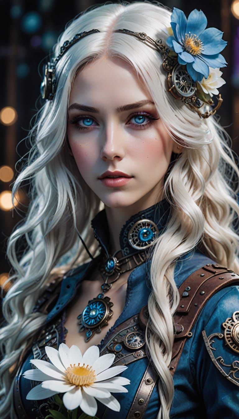 Steampunk Anime Woman with Glowing Flower in Pop Art