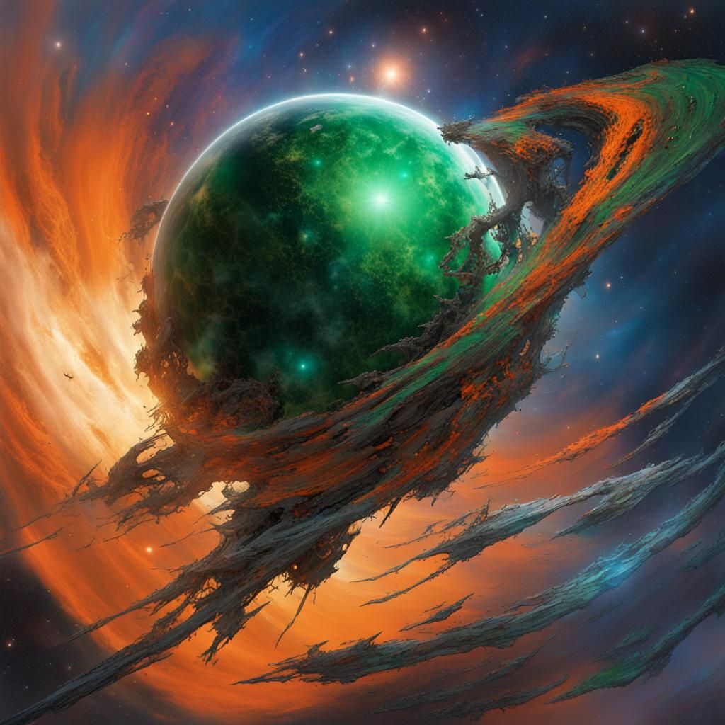 Cosmic Clash Aftermath: Spacecraft Wreckage Over Alien Plane...