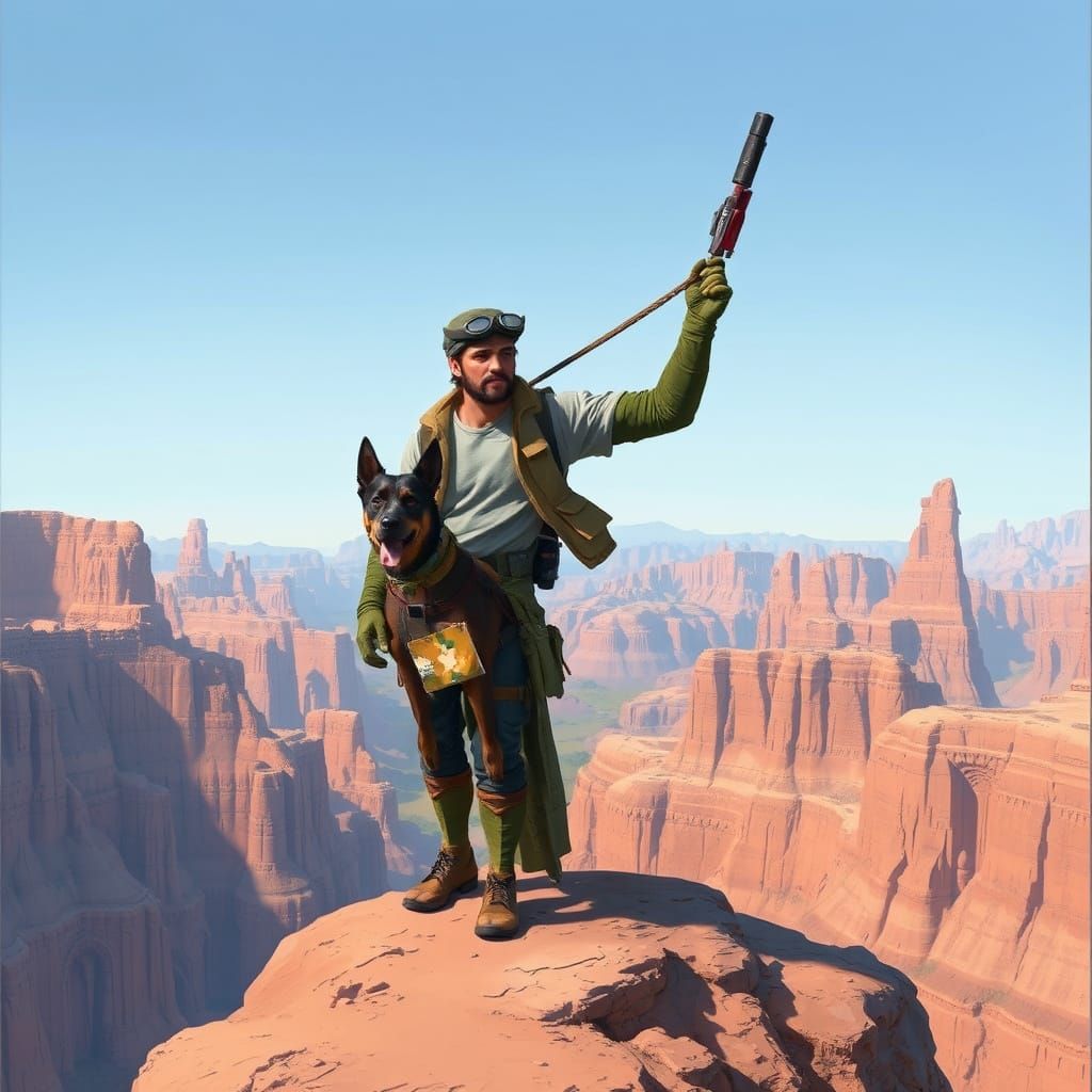 Futuristic Soldier Launches Rocket with Dog Companion