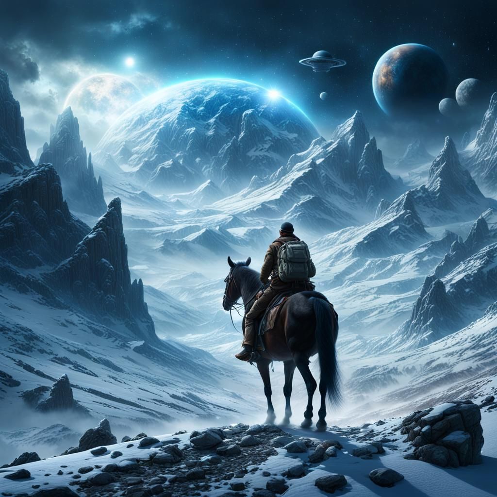 Mountain Man on Horseback in Alien Blizzard