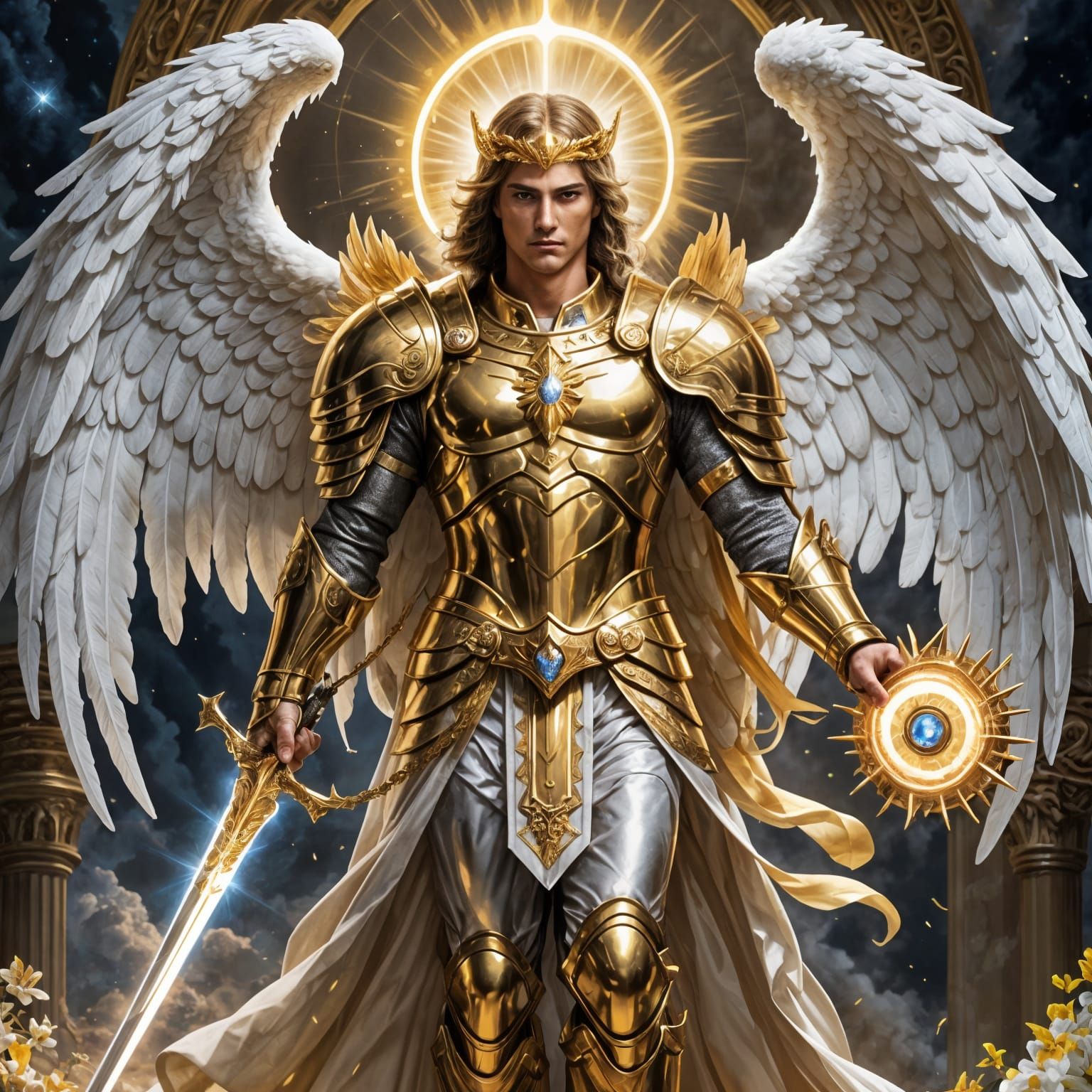 Majestic Archangel with Celestial Sword and Golden Armor