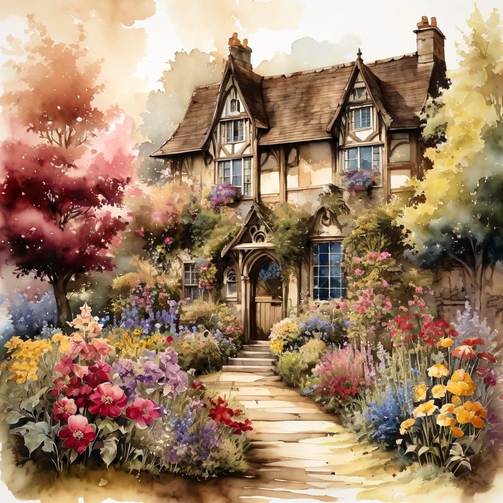 Vivid English Cottage in Gothic Sepia Watercolor Style