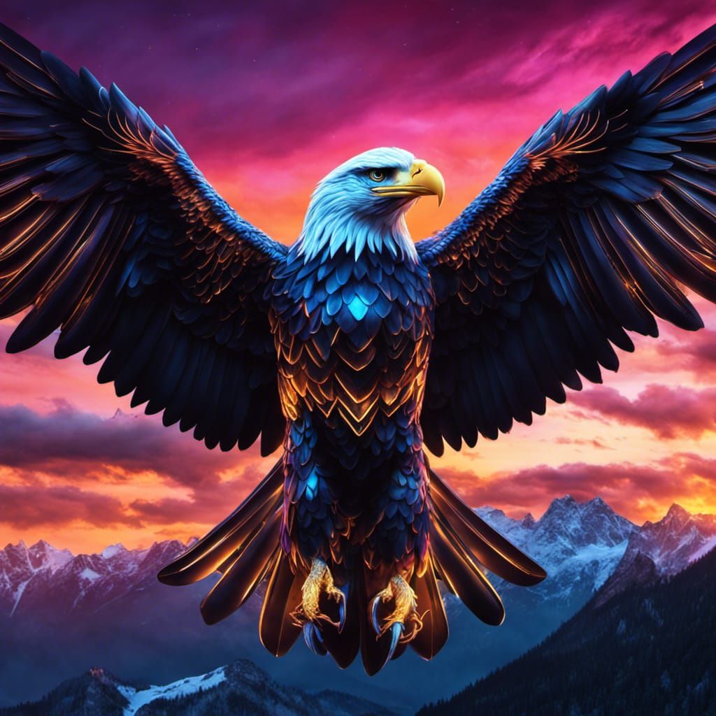 Neon Metallic Eagle Soaring Above Alpine Mountains