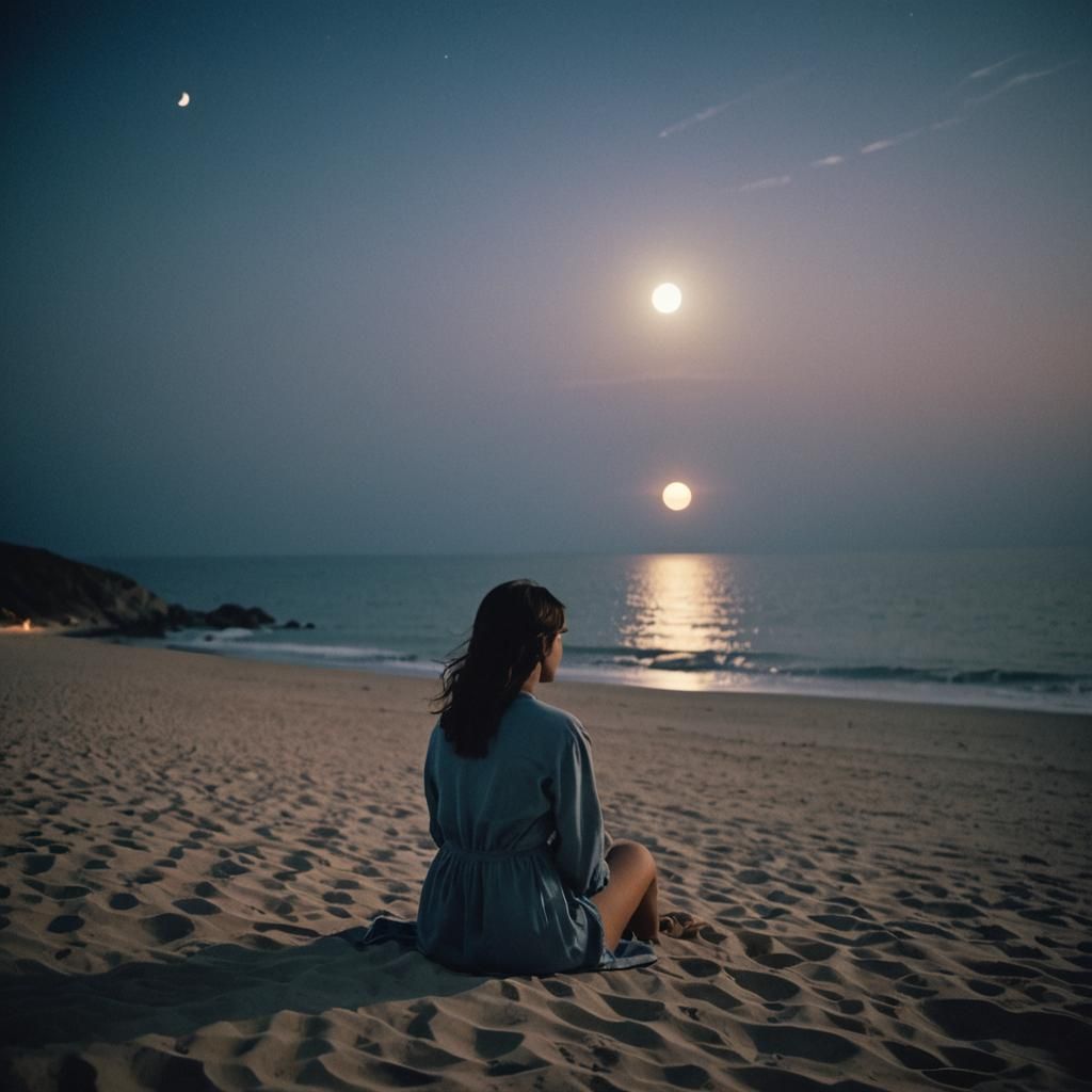 Lonely Girl on Beach Under Moonlight: Cinematic Film Still
