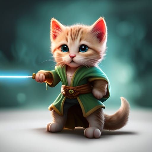 Kitten Jedi Knight with Laser Sword, Photorealistic Art