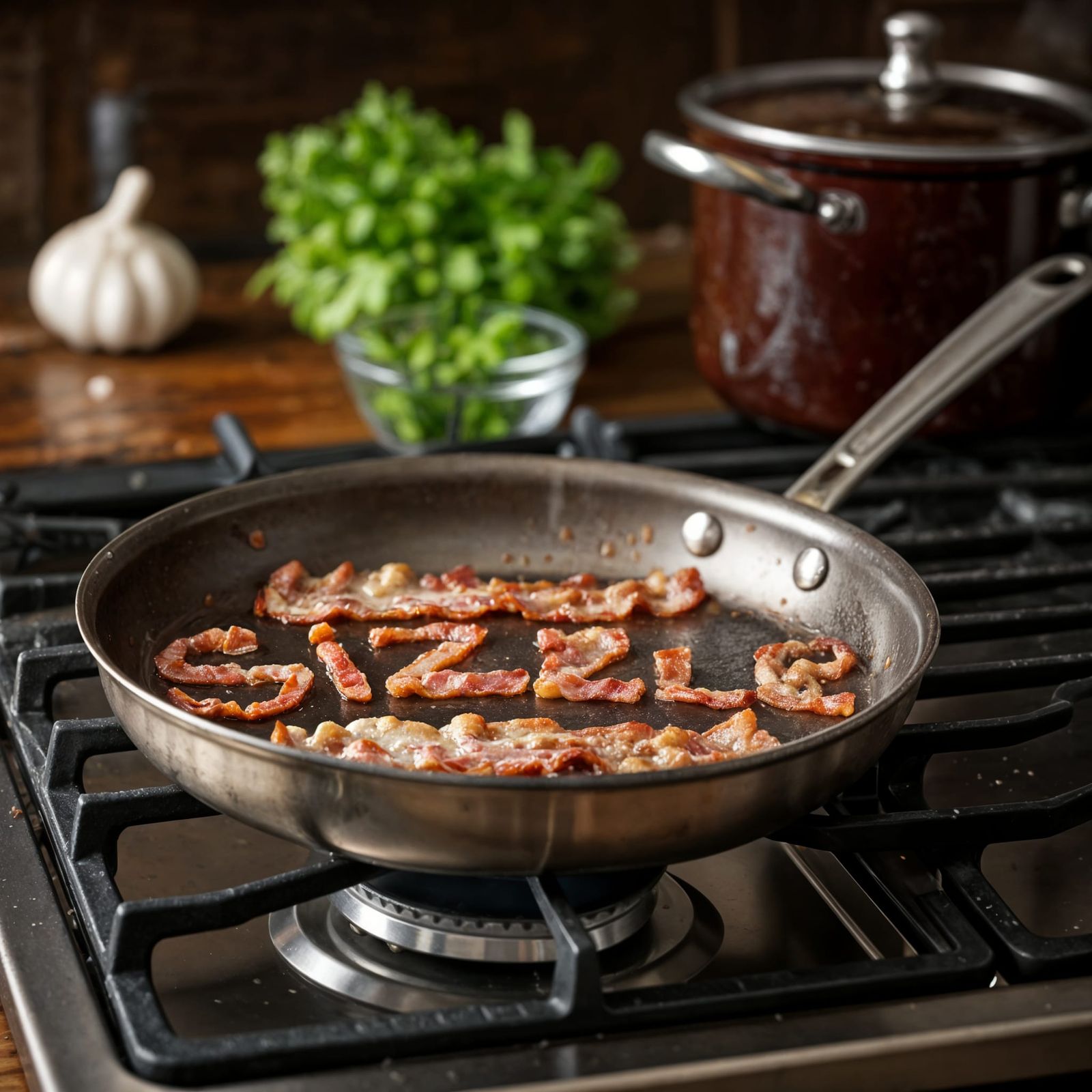 Bacon Sizzle Text in Frying Pan Photo