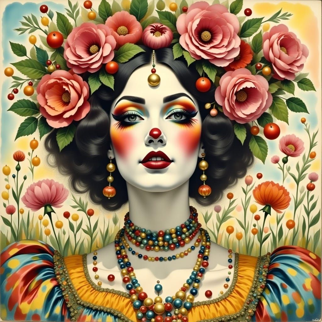 Girl with Flowers: Carnival Clown Aesthetic