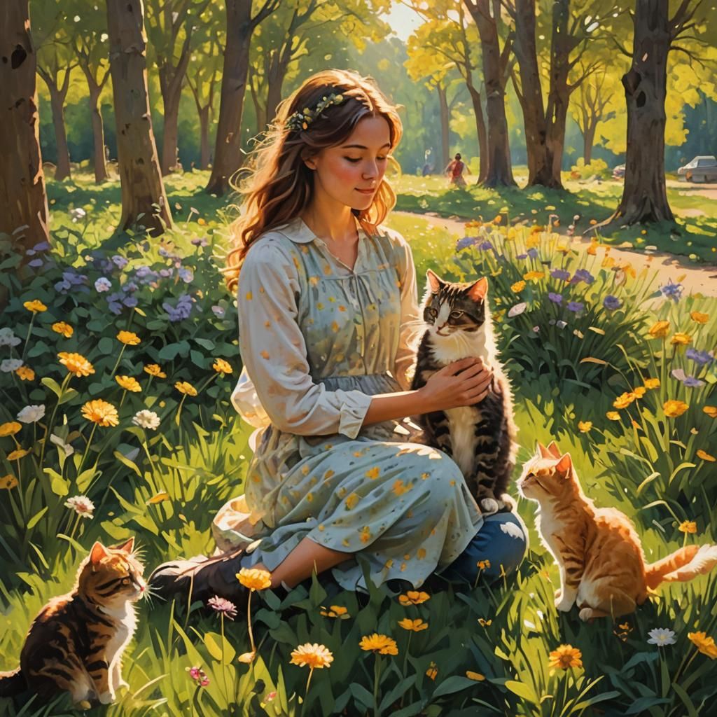 Girl with Cats in Impressionist Summer Landscape