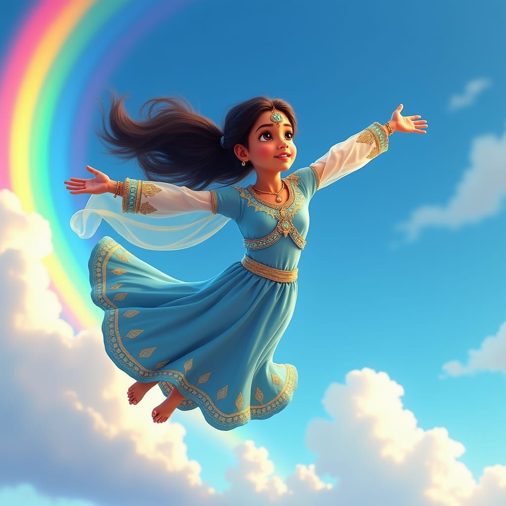 Girl Soaring Past Rainbow in Magical Sky