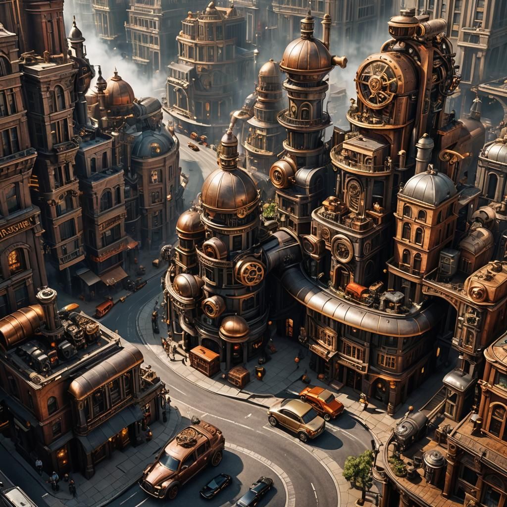 Steampunk City with Curved Buildings and Cars