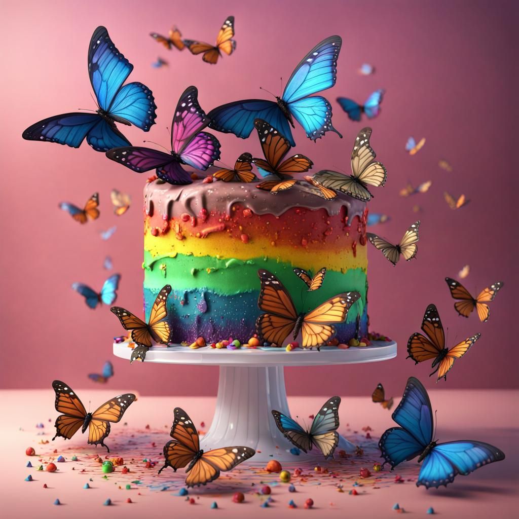 Rainbow Butterfly Cake with Butterflies, Detailed Matte Pain...