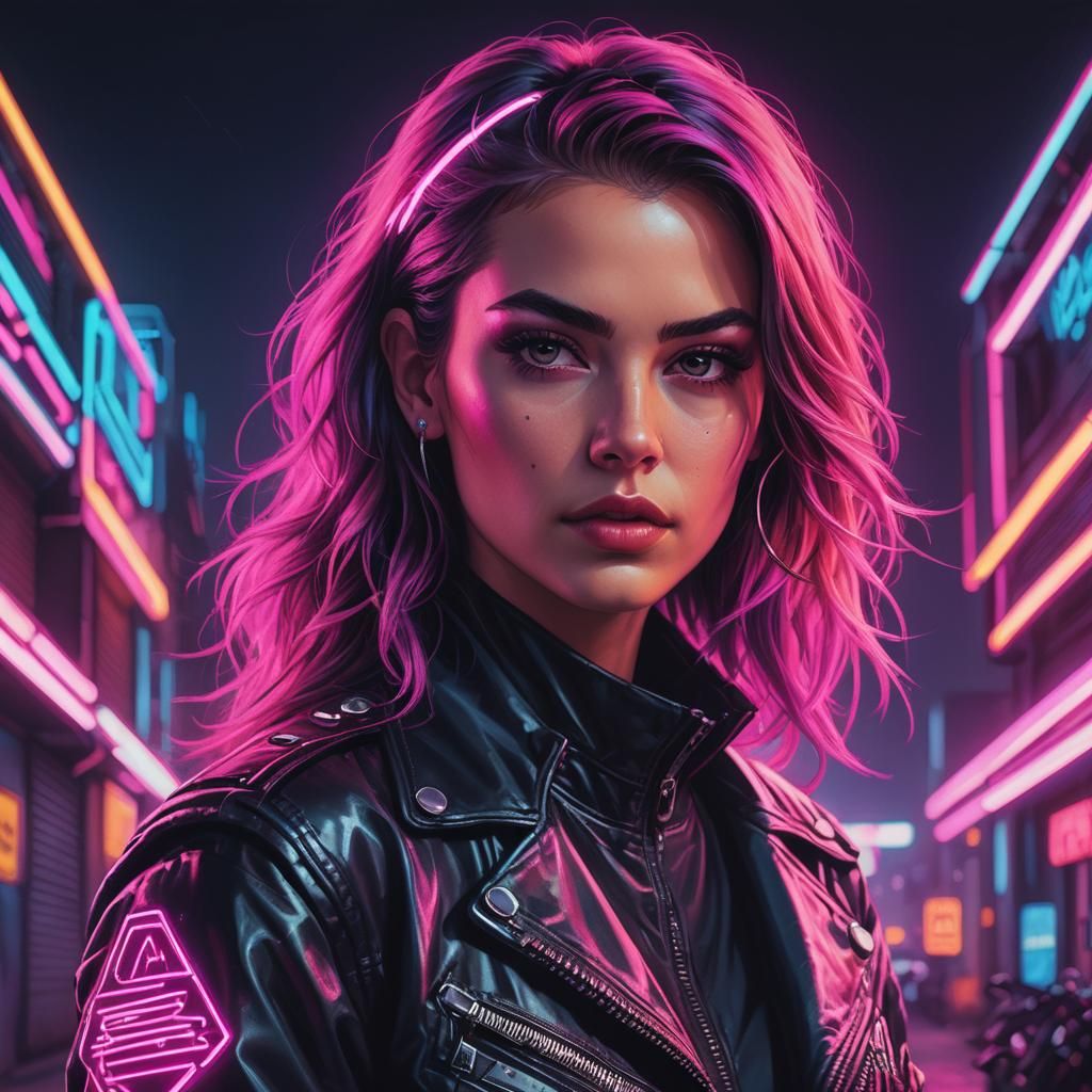 Hyperrealistic Biker Woman in Synthwave Neon