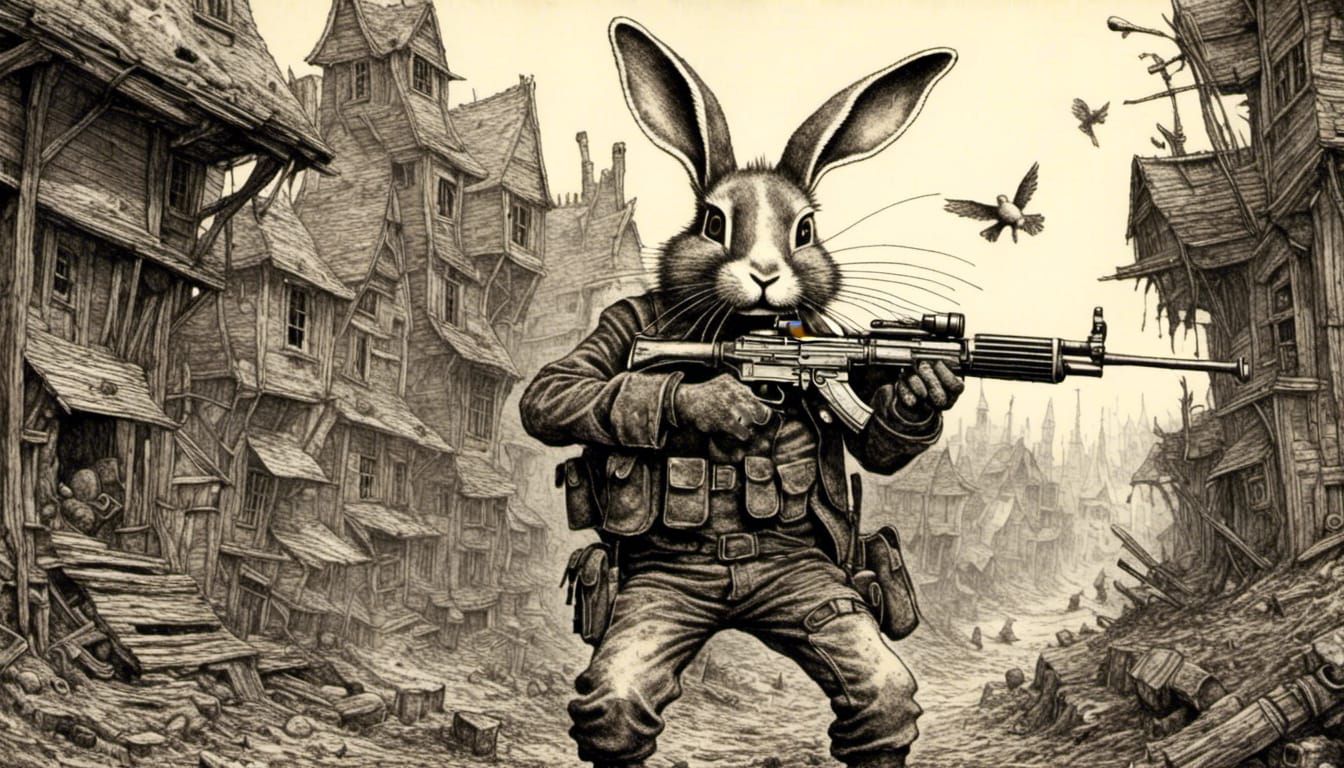 Rabbit Mercenary in Combat: 3D Shaded Fantasy