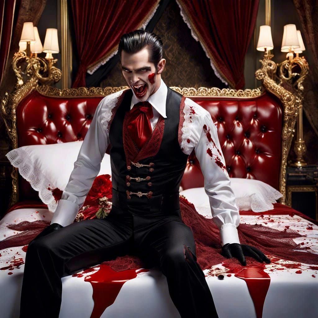 Vampire with Bloody Mouth in Dark Cellar