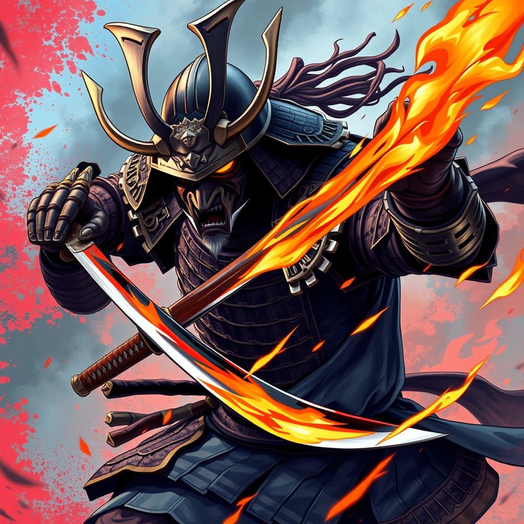 Samurai Warrior in Anime-Style Battle Illustration