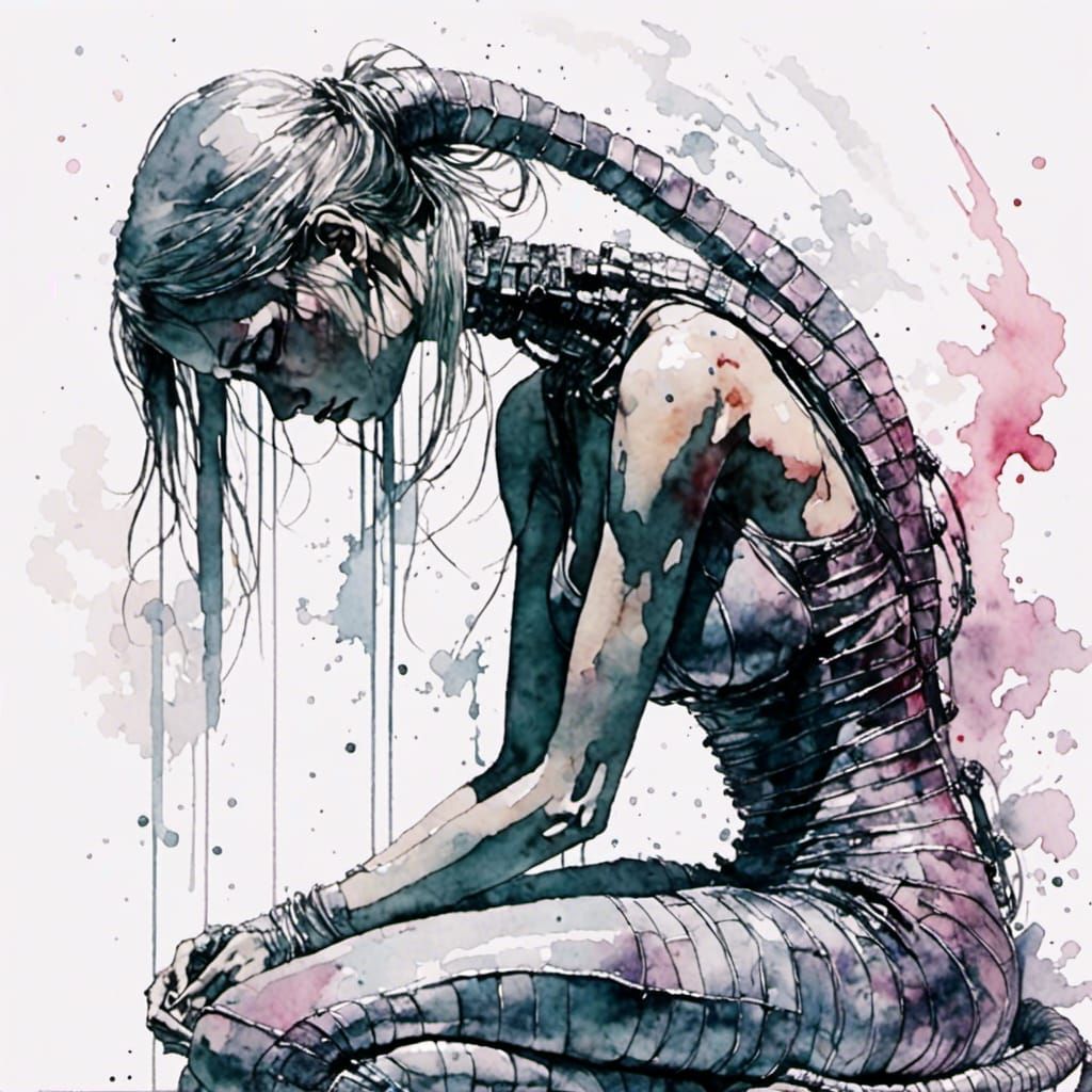 Crying Woman with Snake Eyes in Watercolour Style