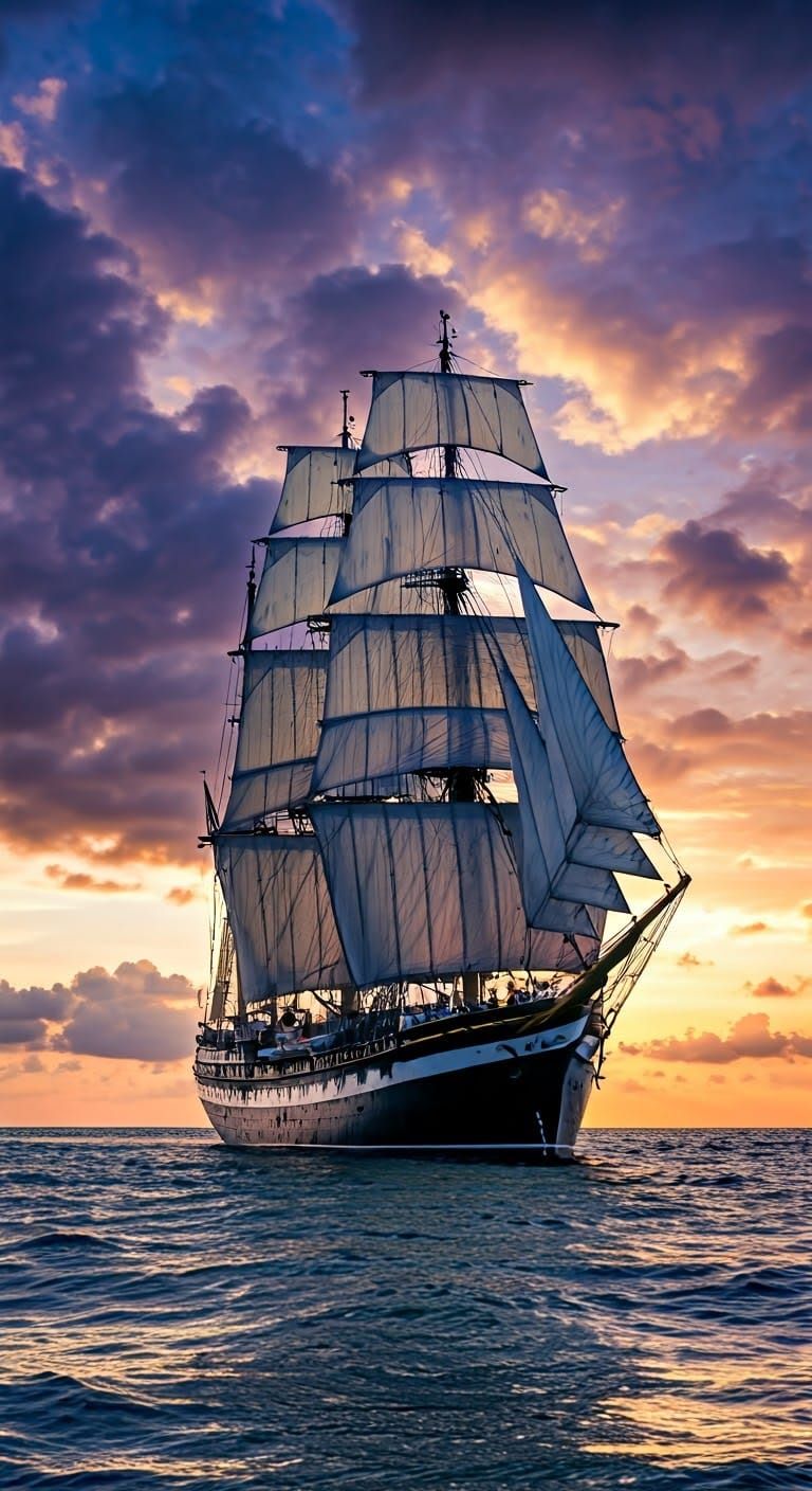 Vibrant Sunset Sailing Ship Amidst Stormy Seas