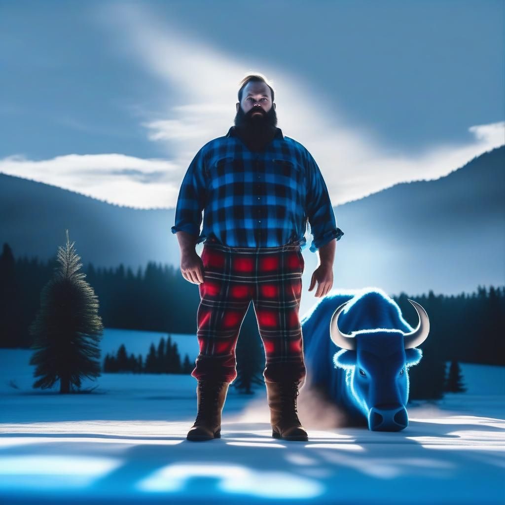 Giant Lumberjack and Blue Ox in Fantasy Landscape
