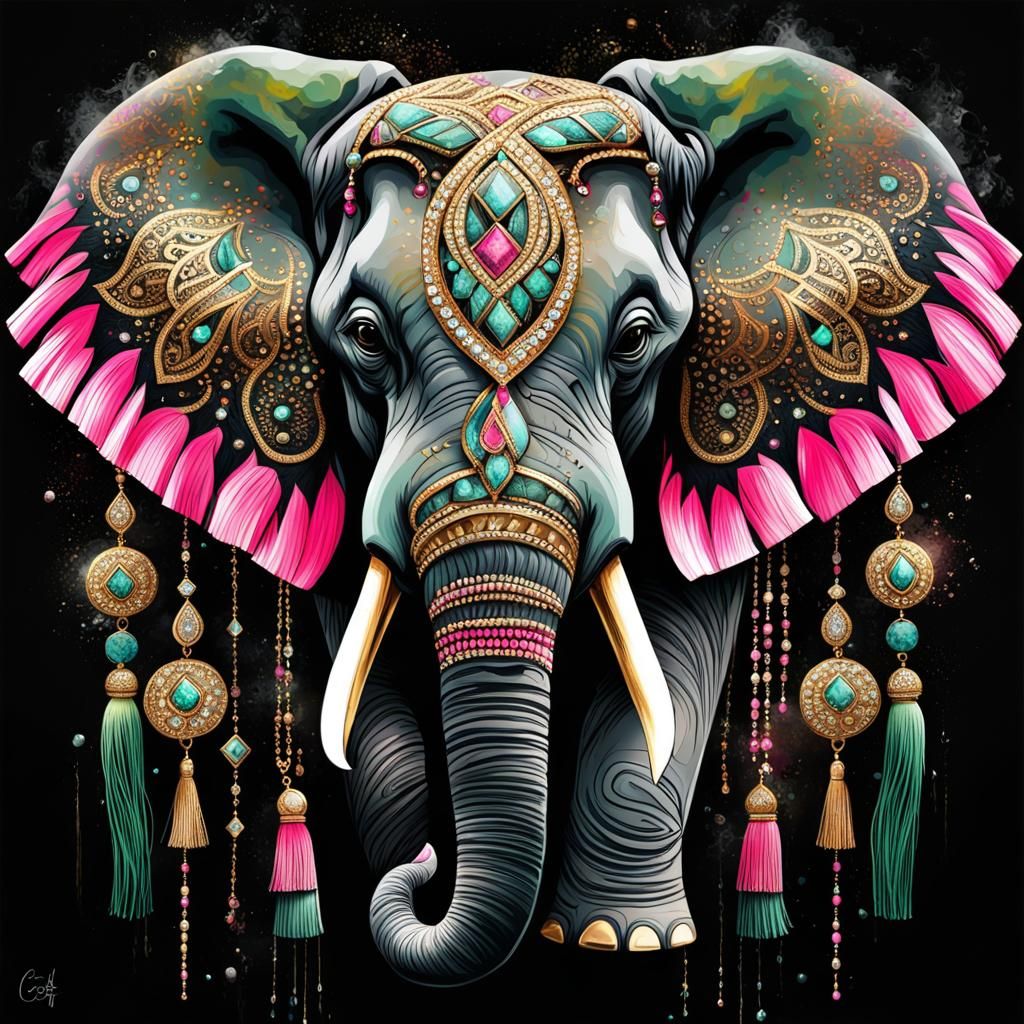 Ornate Elephant with Jewelry in Graffiti Art Style