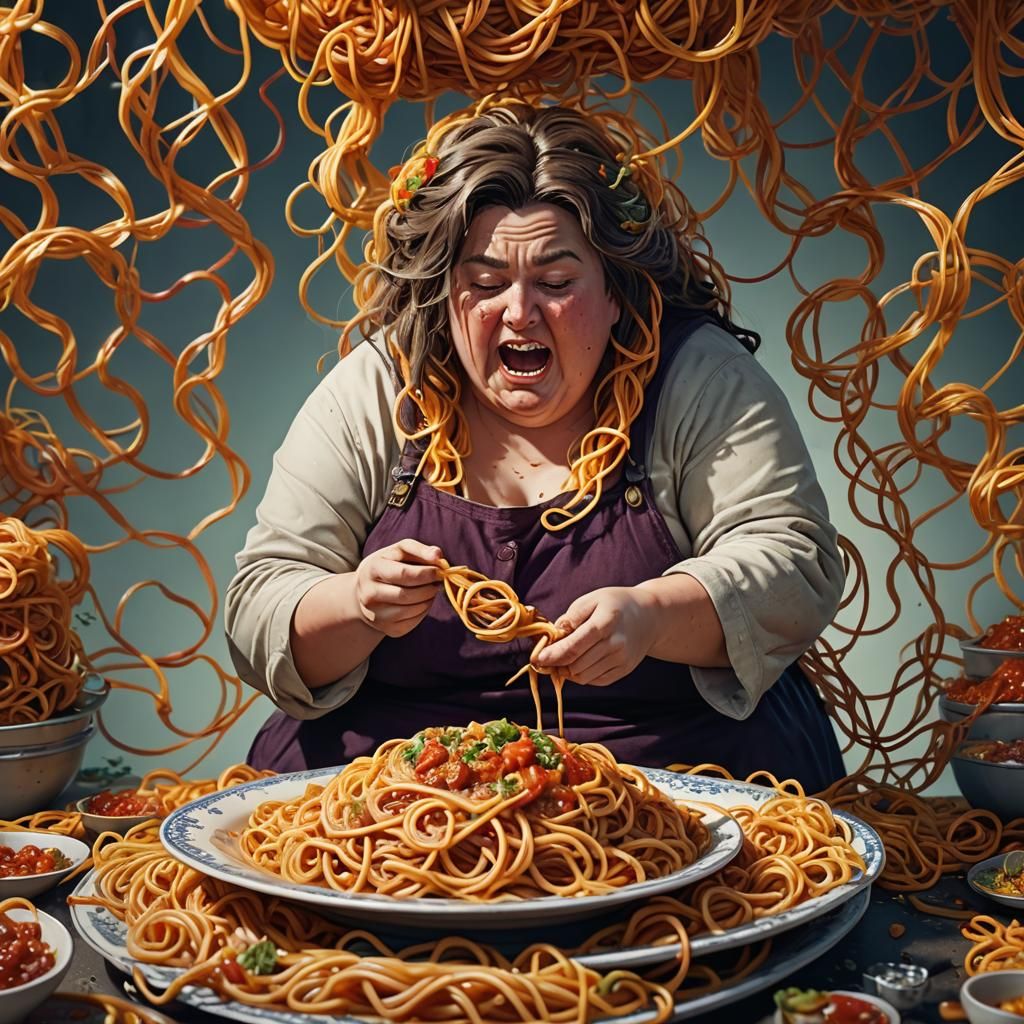 Woman Tangled in Spaghetti: Detailed Fantasy Art