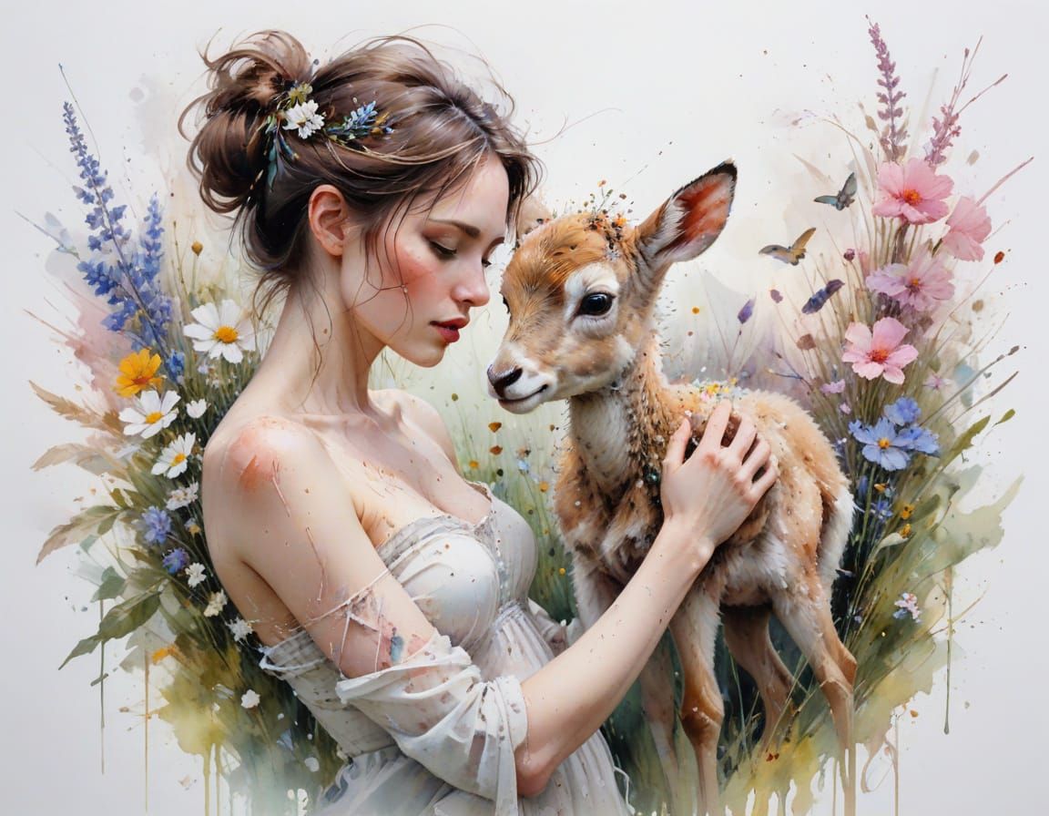 Spring Meadow Watercolor Painting with Wildflowers and Anima...