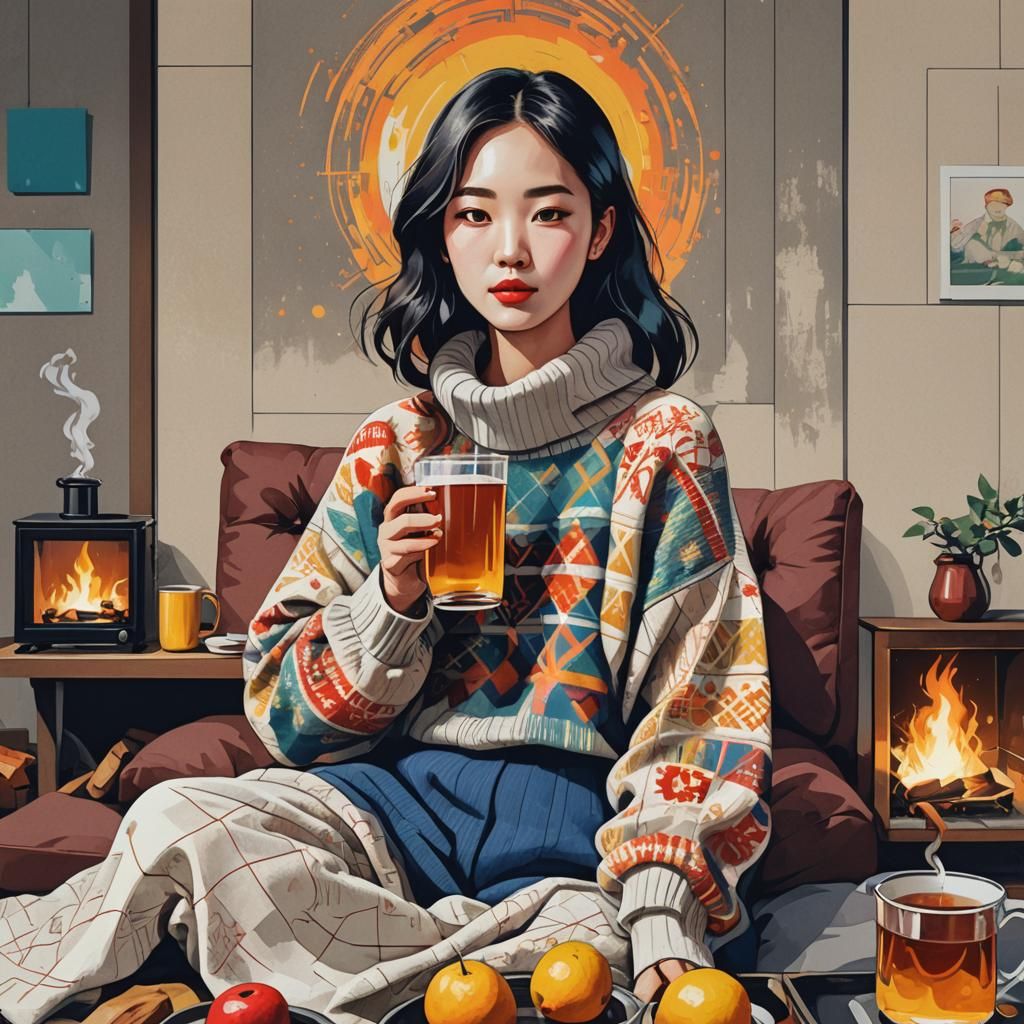 Korean Girl Sipping Cider: Pop Art Digital Illustration