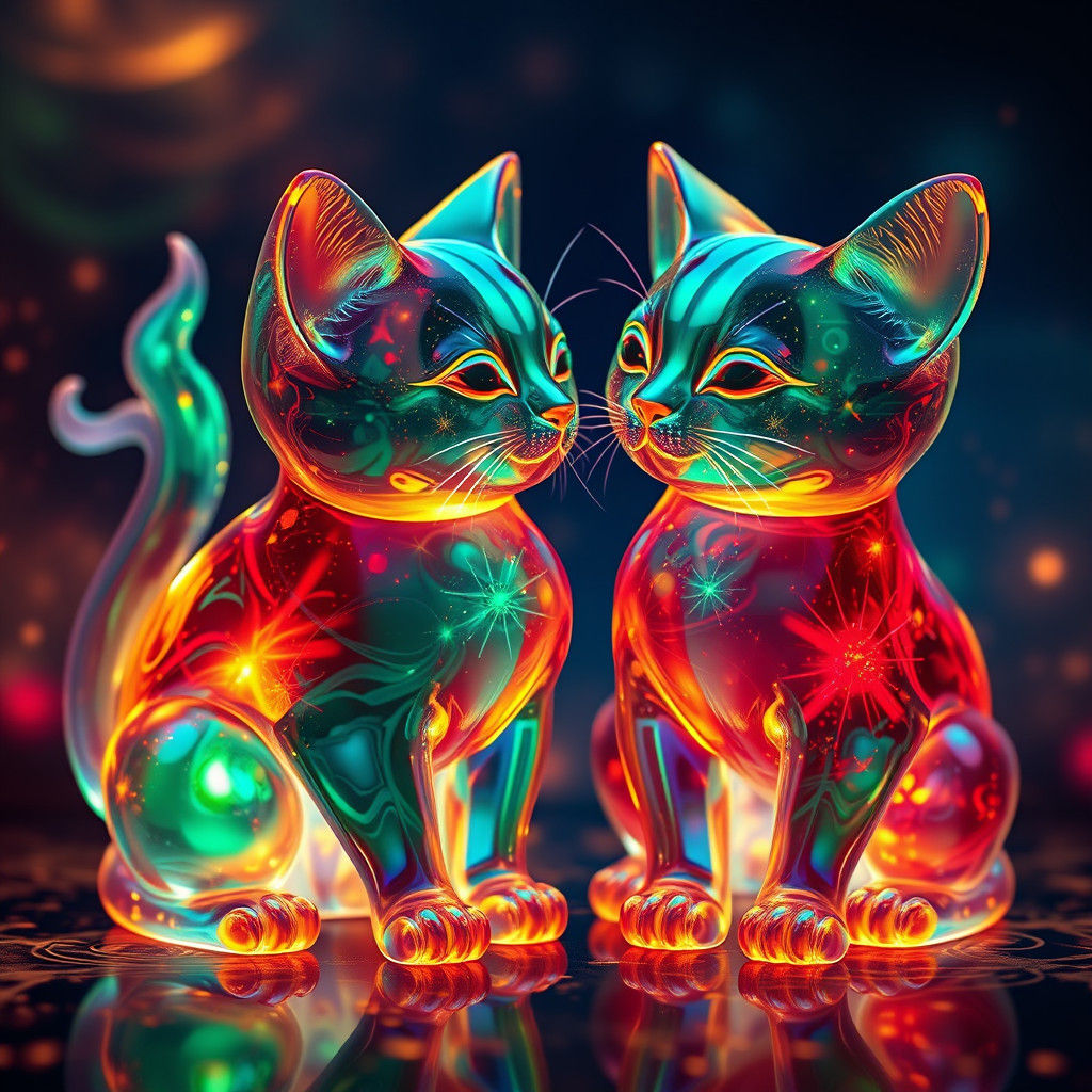 Bioluminescent Glass Cats in Surreal Dreamscape