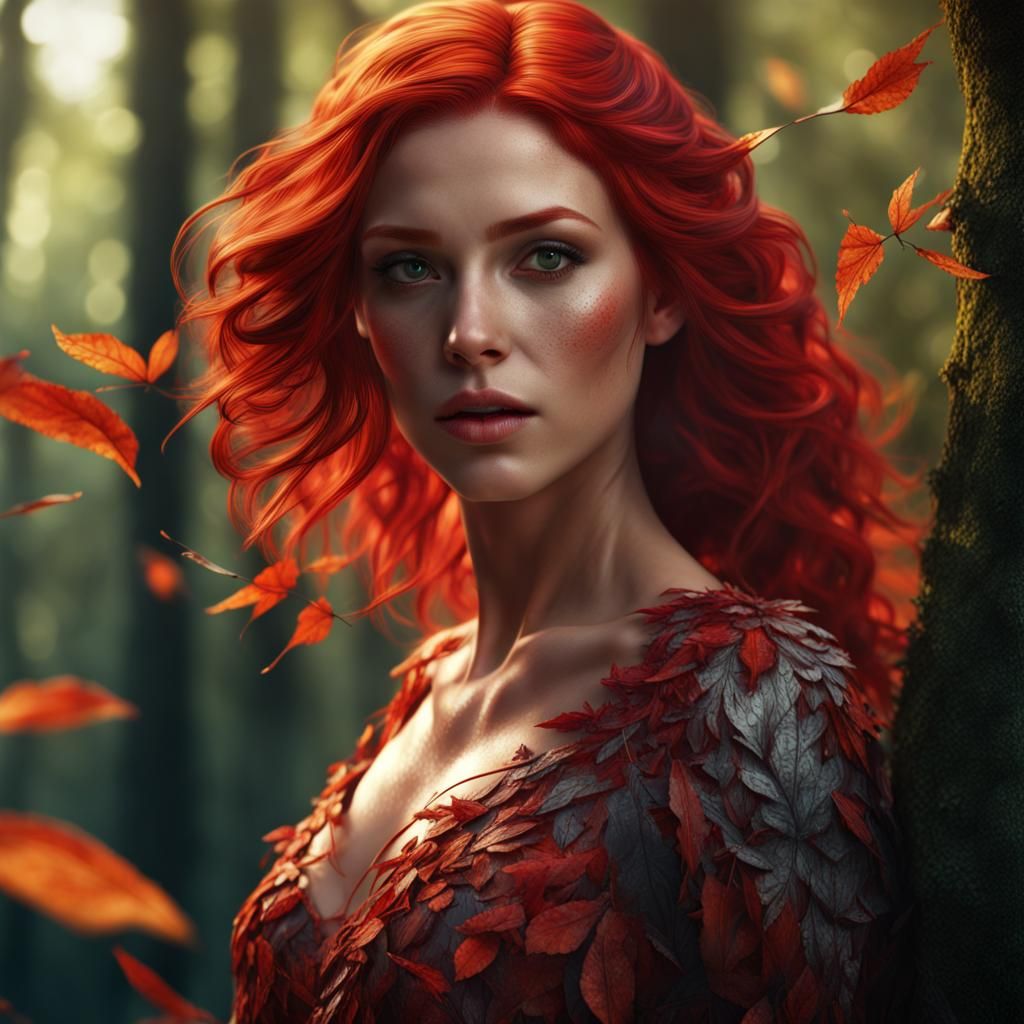 Woman with Red Hair and Leaf Dress