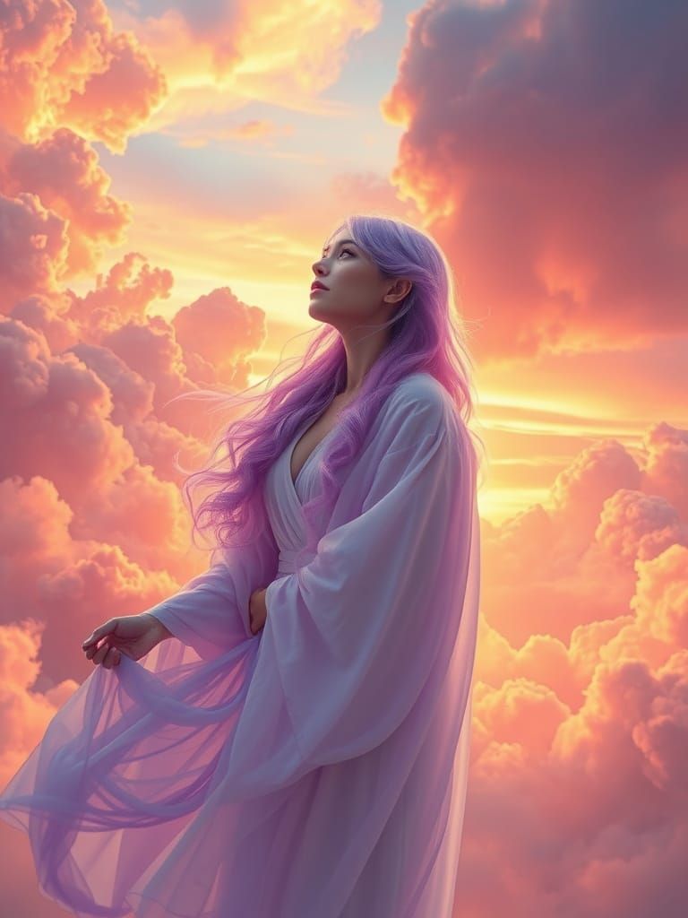 Ethereal Goddess Unites with Sunset Skies in Dreamlike Digit...