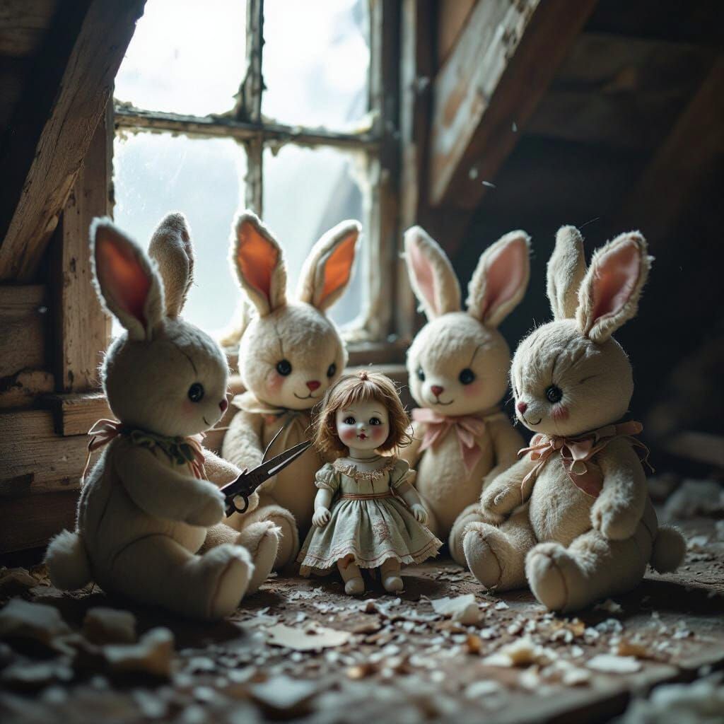 Creepy Bunnies and Doll in Attic - Gothic Surrealism