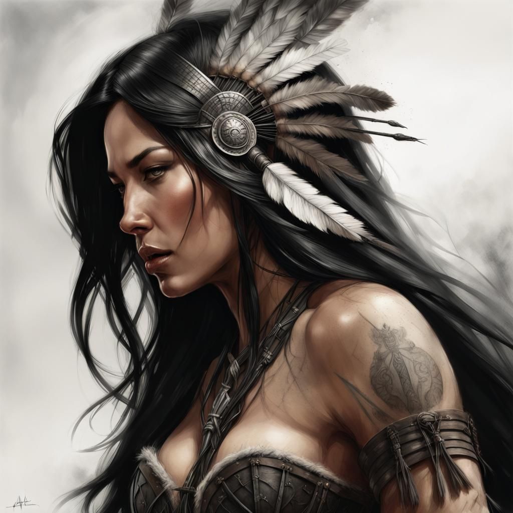 Native American Warrior Princess in Charcoal Sketch Style