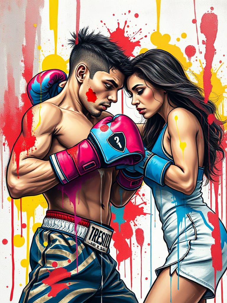 Vibrant Watercolor Boxing Scene with Latino Flair