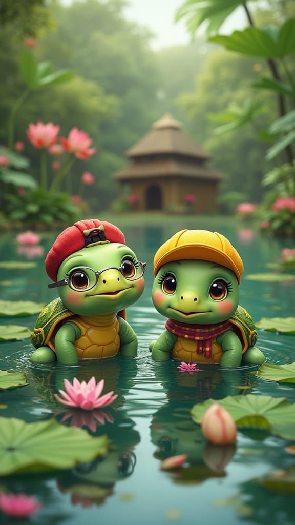Turtles Play in Lotus Pond: Children's Book Illustration