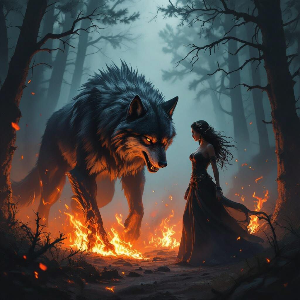 Shapeshifter Mid-Transformation: Dire Wolf to Human in Fiery...