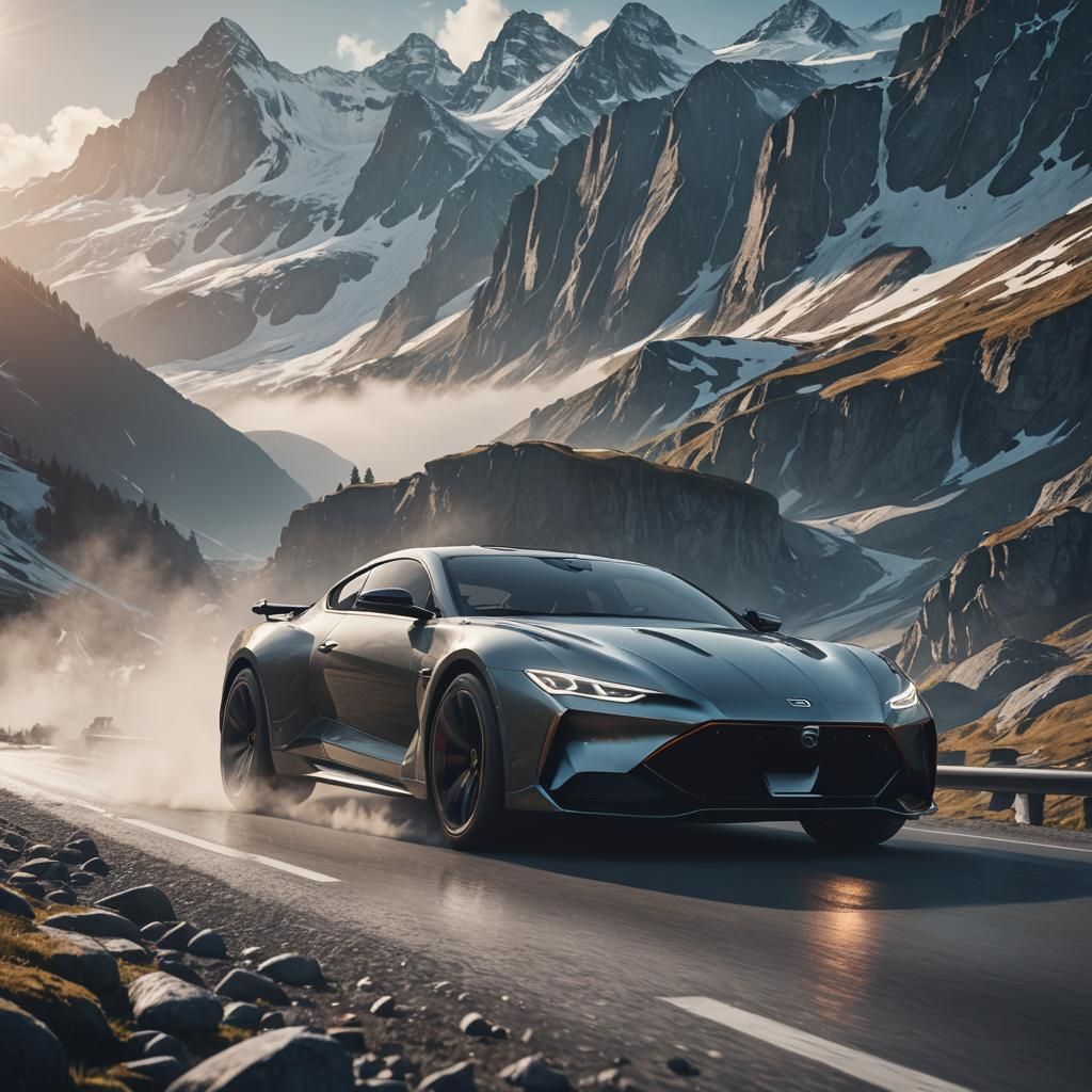 Luxury Car in Swiss Alps: Sci-Fi Concept Art