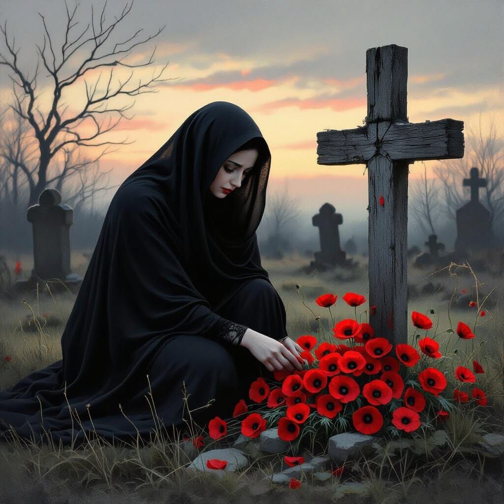 Woman Mourning Poppies at Graveyard Cross in Romantic Style