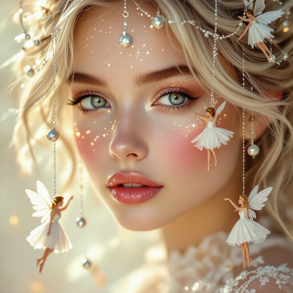Ethereal Woman with Fairy Ornaments in Golden Light