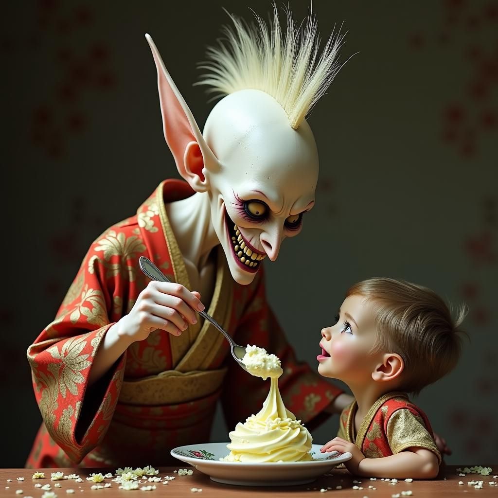 Albino Humanoid Feeding Ice Cream, Detailed Photograph