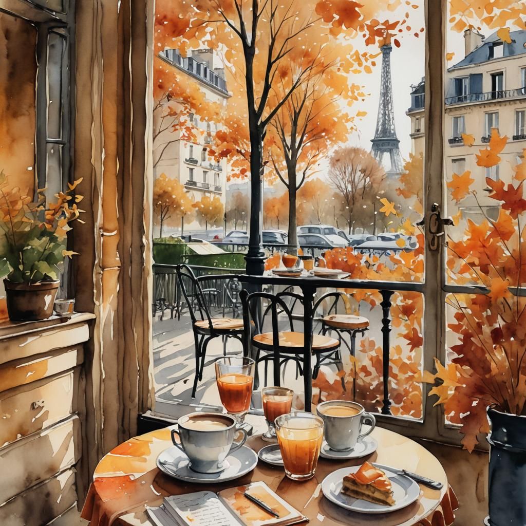 Parisian Café Scene with Eiffel Tower in 3D